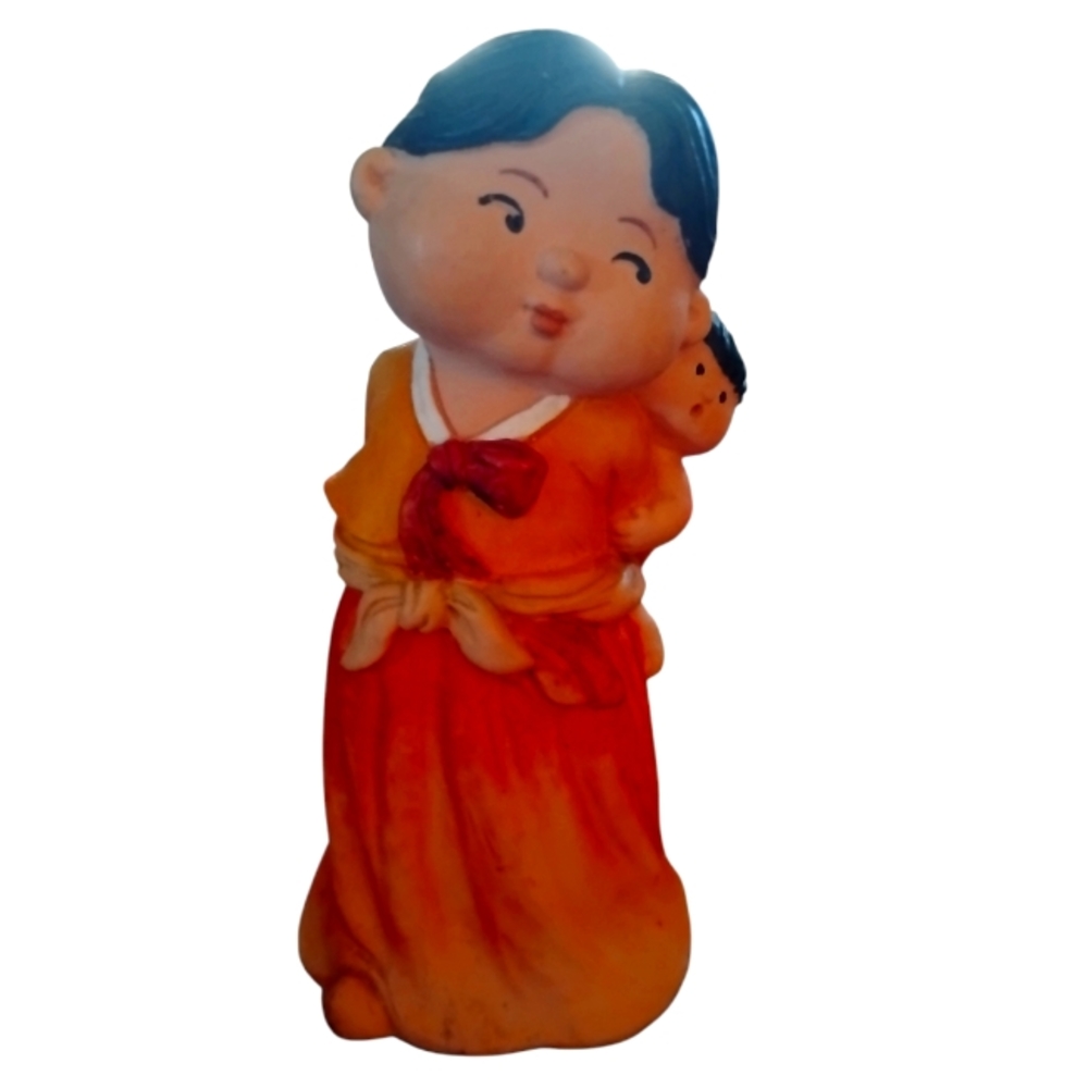Koreart Vintage Woman Carrying Child on Back Hand-painted Ceramic Fig. Asian